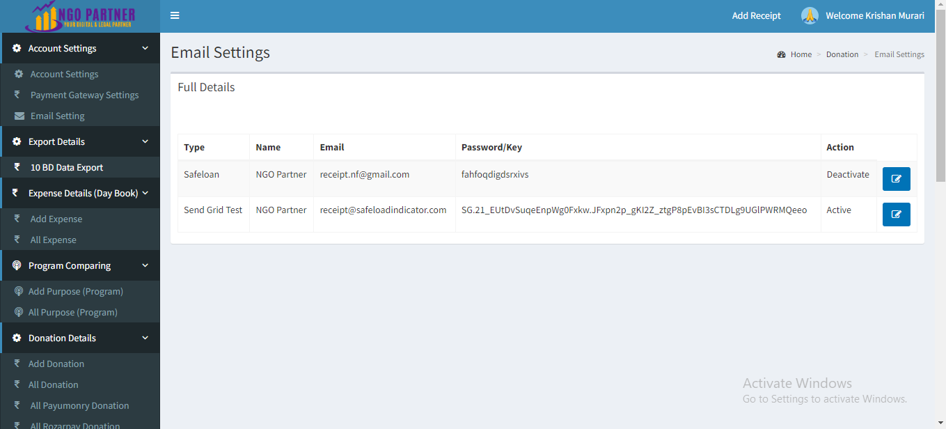NGO Management Software Email Settings