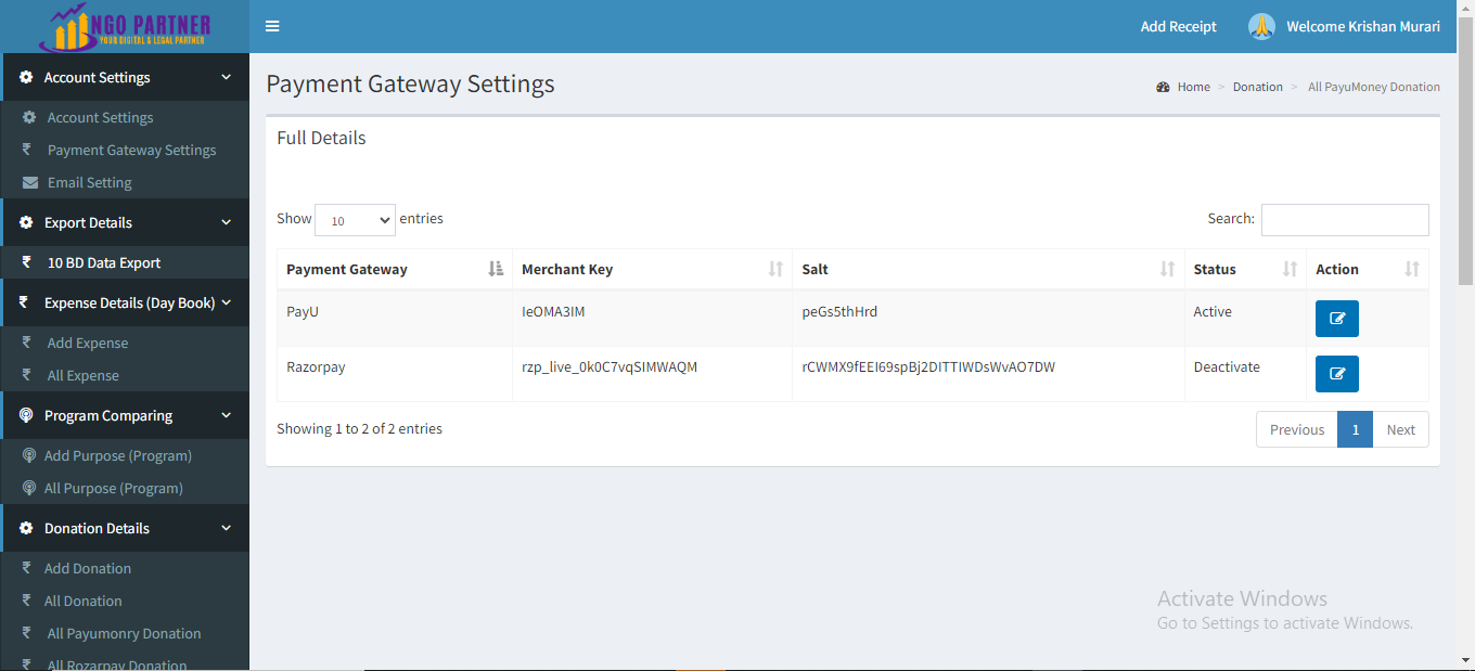 NGO Management Software Payment Gateway Settings