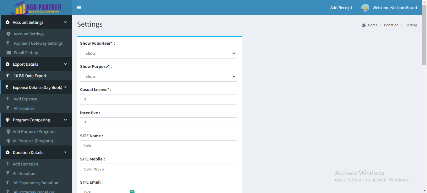 NGO Management Software Settings